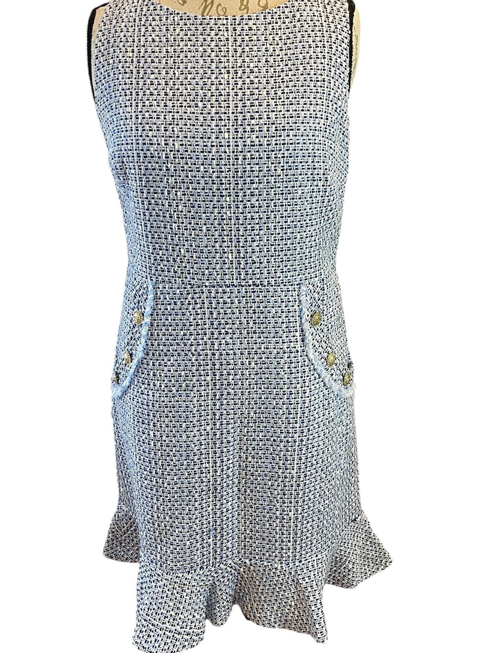 Karl Lagerfeld Paris Tweed Flounce Shift Dress Gold Crest Buttons